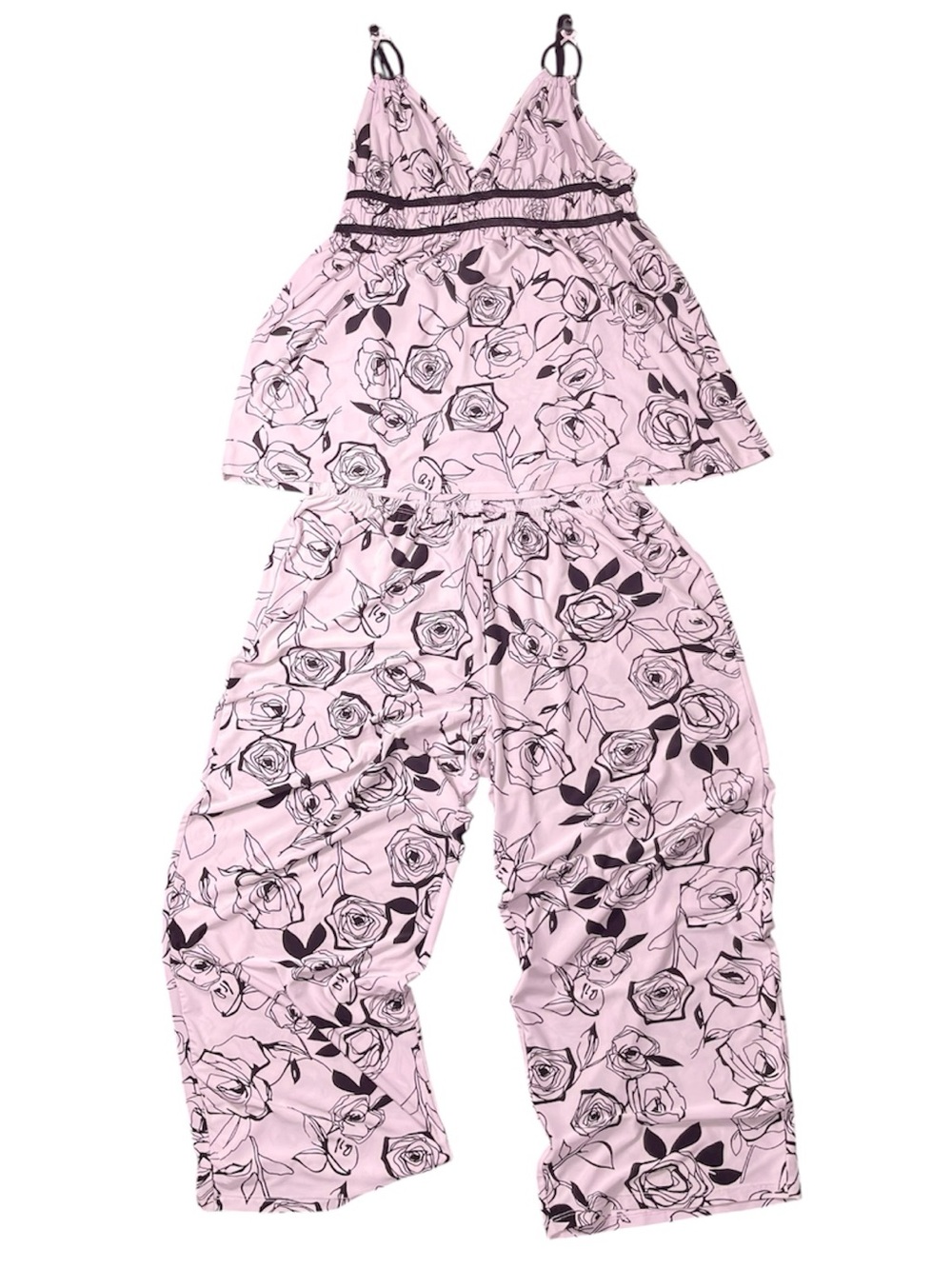 VTG Soft Pink Flowy Cami Tank and Capri Pants 2pc Pajama Set Rose Pattern, Sm